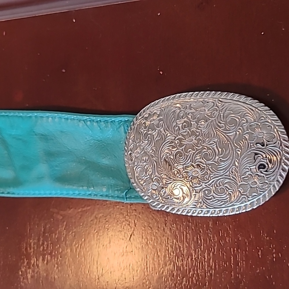 Turquoise leather belt silver buckle